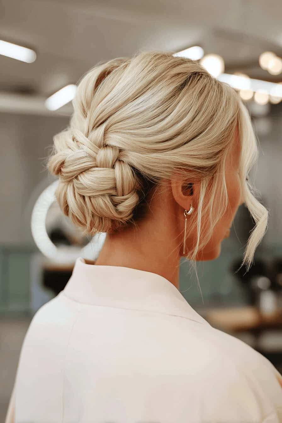 Elegante blonde Hochzeitsfrisur mit geflochtenem Detail und zarter Strähne.