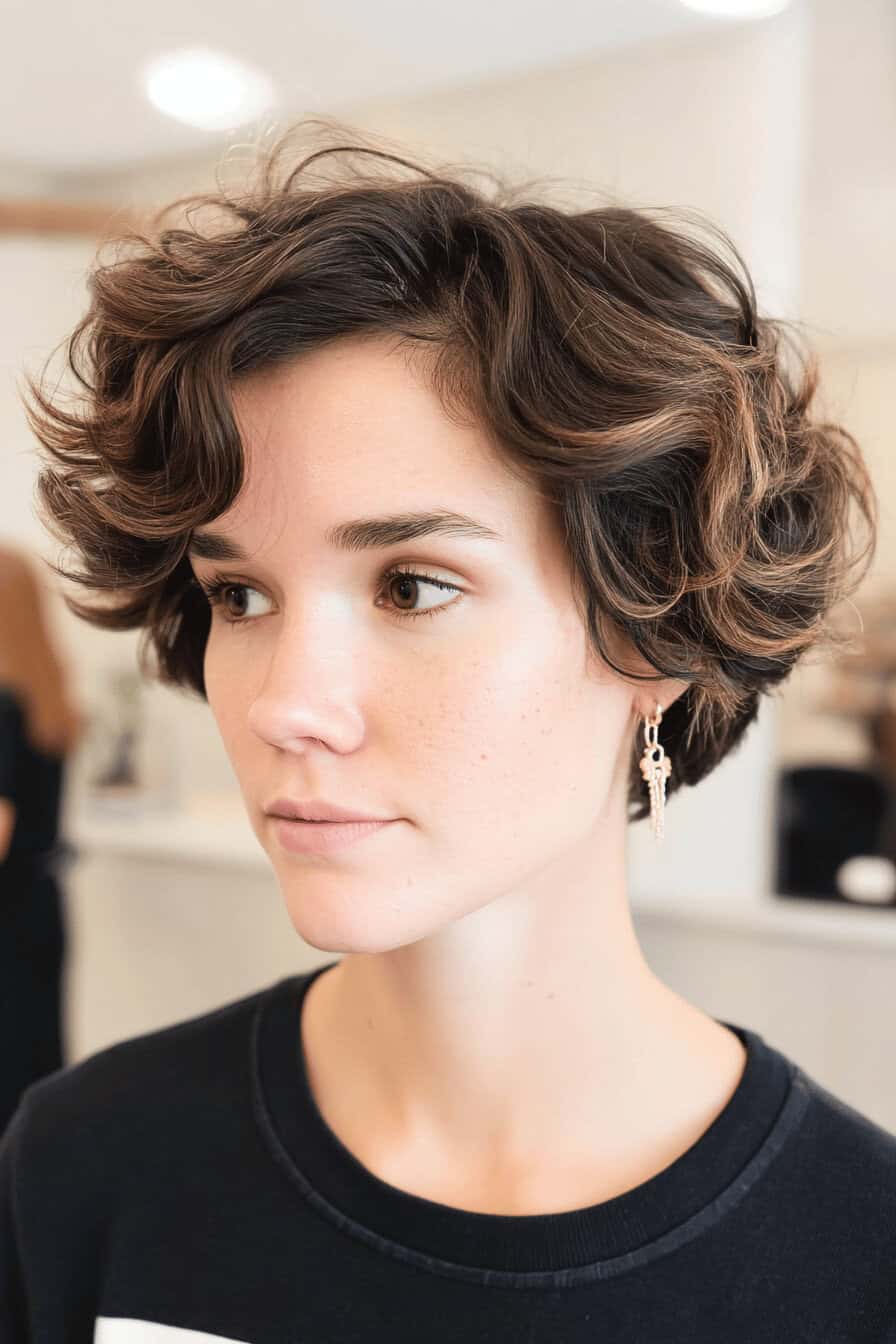 Frau mit kurzem, lockigem Shag und dezentem Goldbraun-Ton im Haar.