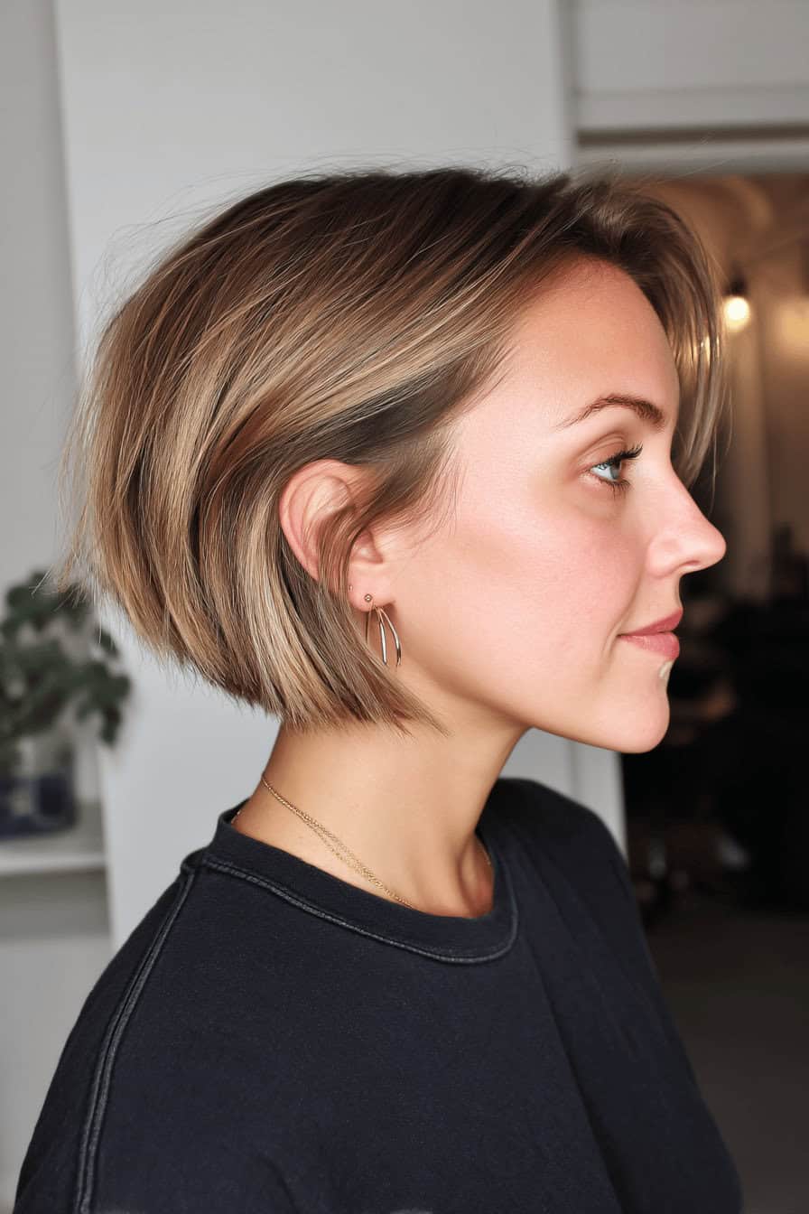 Seitenansicht einer Frau mit kurzem invertiertem Bob-Haarschnitt.