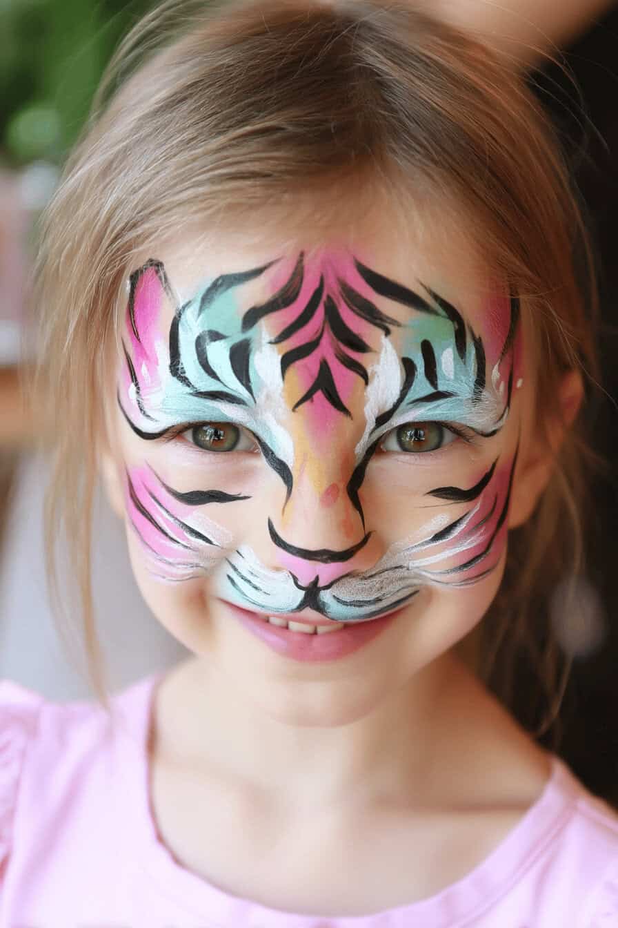 Ein Kind mit farbenfrohem Tiger-Gesichtsschminken.