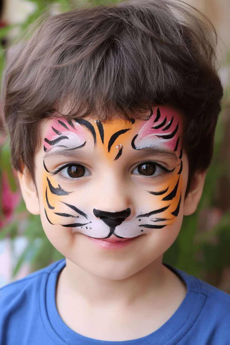 Kind mit Tiger-Gesichtsbemalung, orange mit schwarzen Streifen und weißen Akzenten.