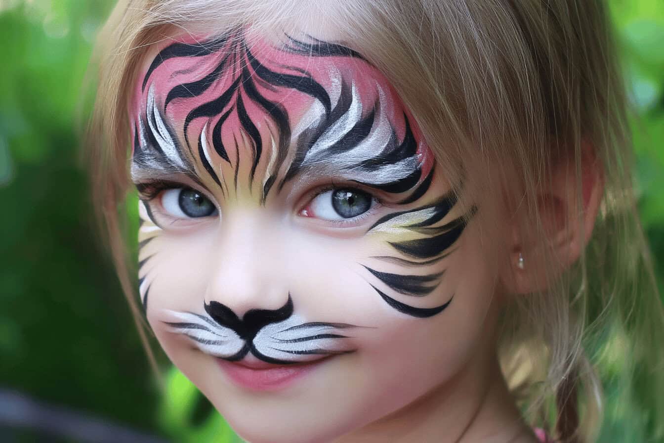 Kind mit Tigergesichtsbemalung vor Grün