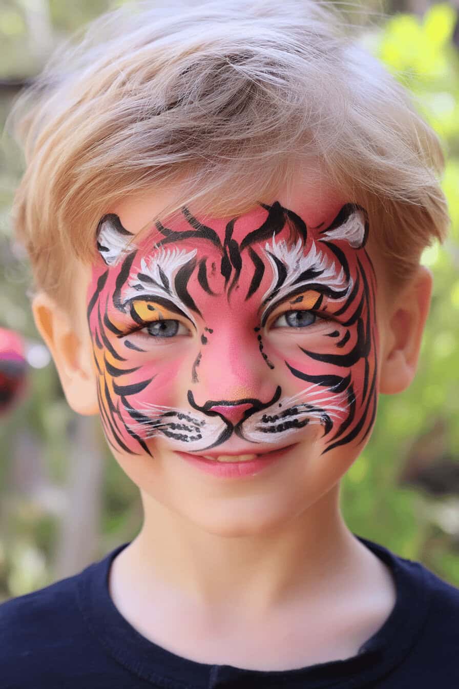 Ein Junge mit kunstvollem Tiger-Gesichtsschminken.