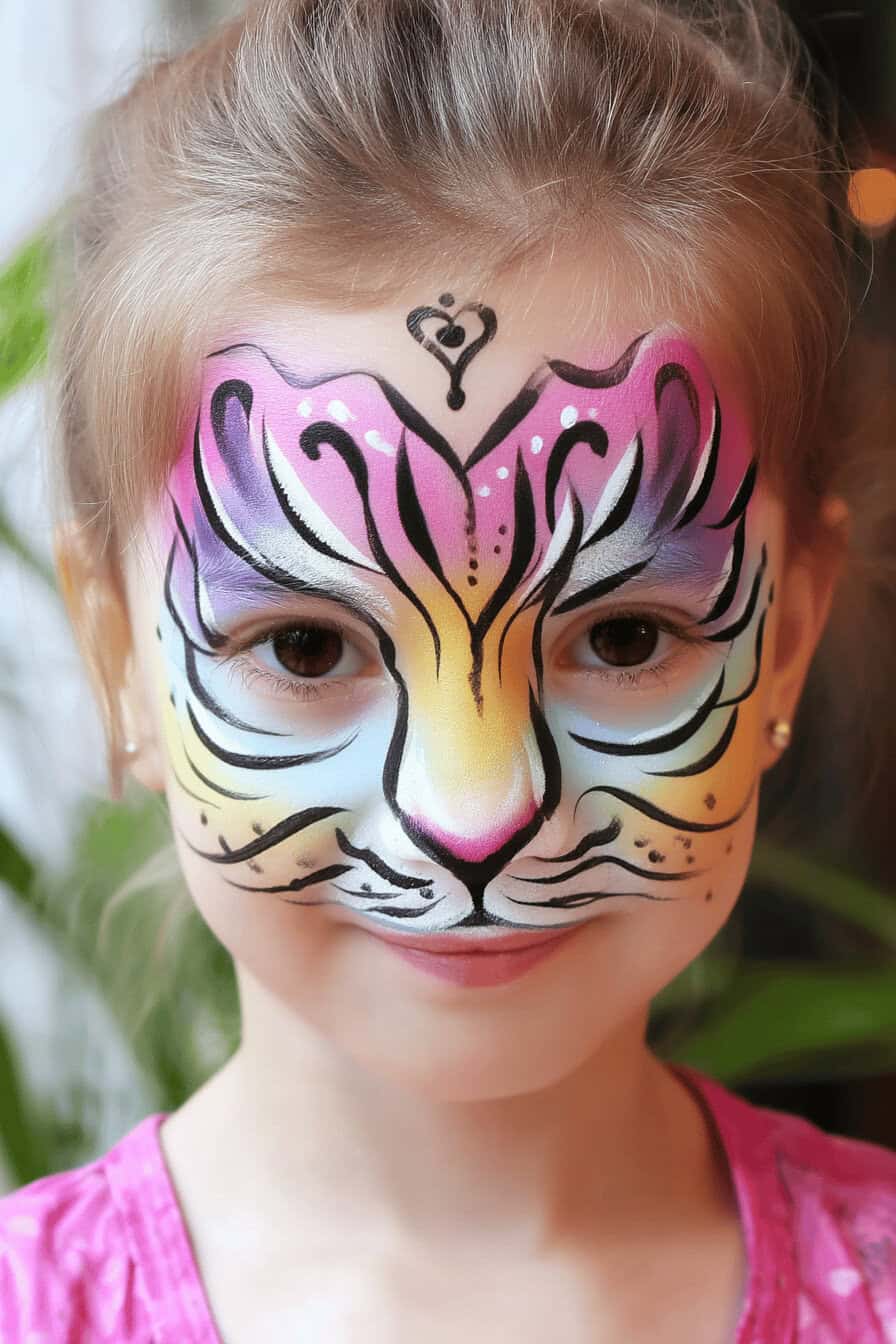 Ein Mädchen mit einem bunten Tiger-Gesichtsbemalungsdesign.