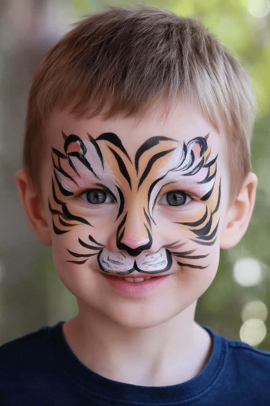 Kind mit halbem Tiger-Gesicht geschminkt.