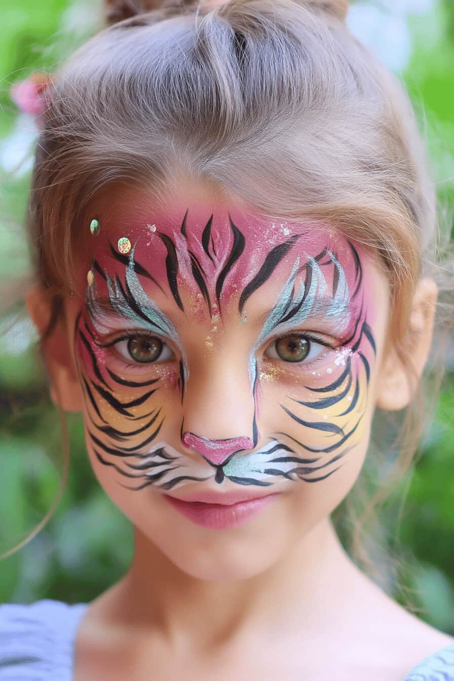 Kind mit farbenfrohem Tiger-Gesichtsschminken und Glitzeraufklebern.