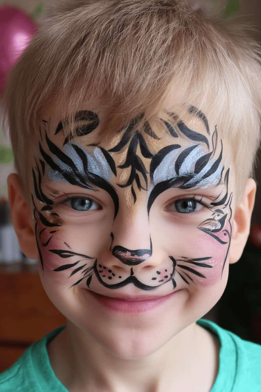 Kind mit farbenfrohem Tigergesicht.