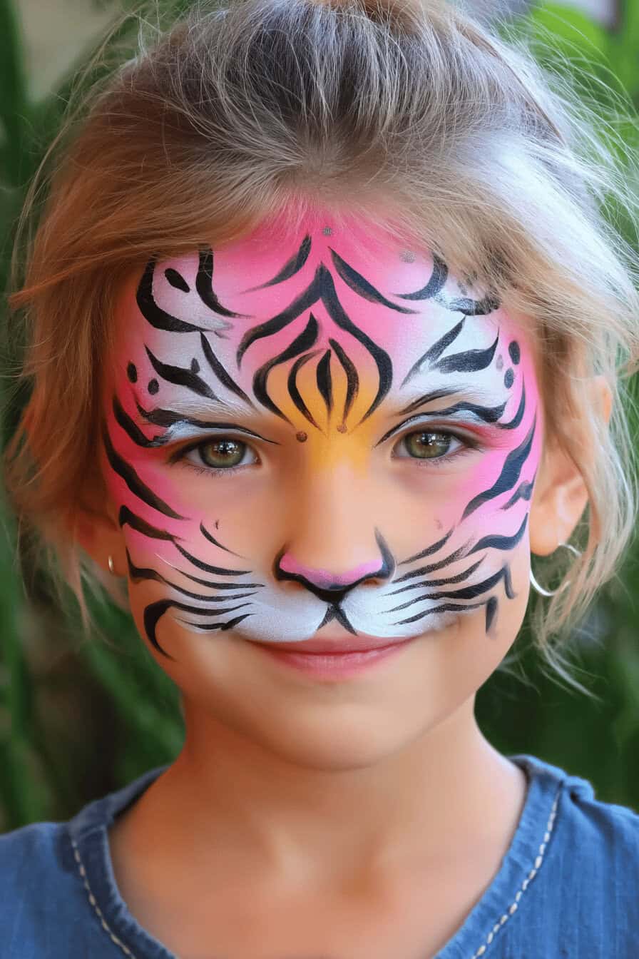Ein Kind mit farbenfrohem Tiger-Schminkdesign im Gesicht.
