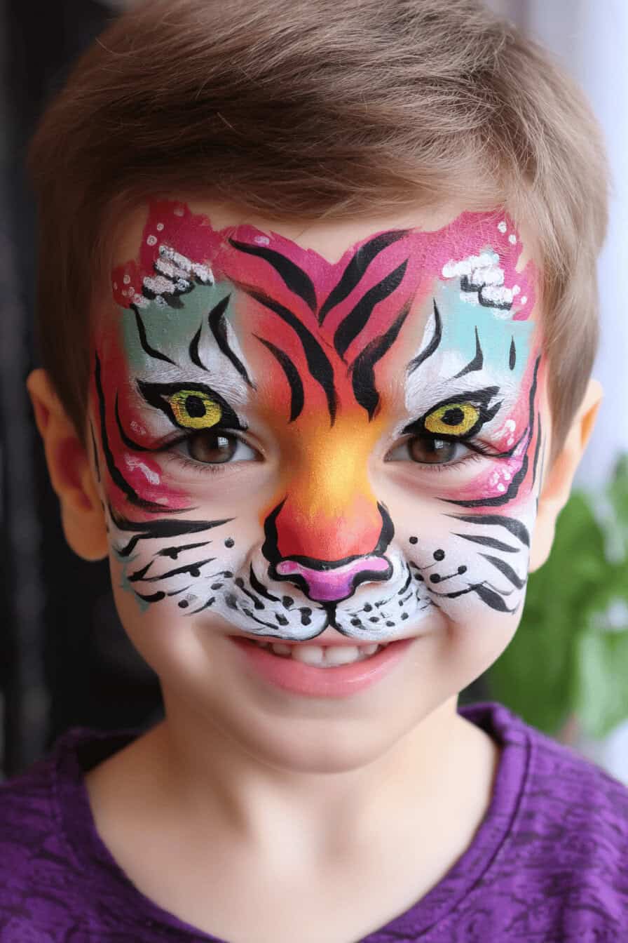 Kindergesicht mit lebendiger Tiger-Gesichtsbemalung.