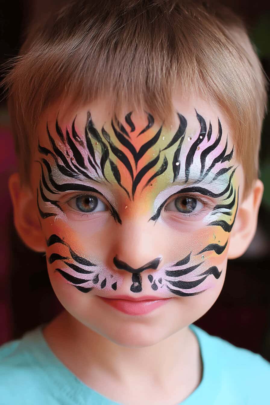 Ein Kindergesicht bemalt mit bunten Tigerstreifen.