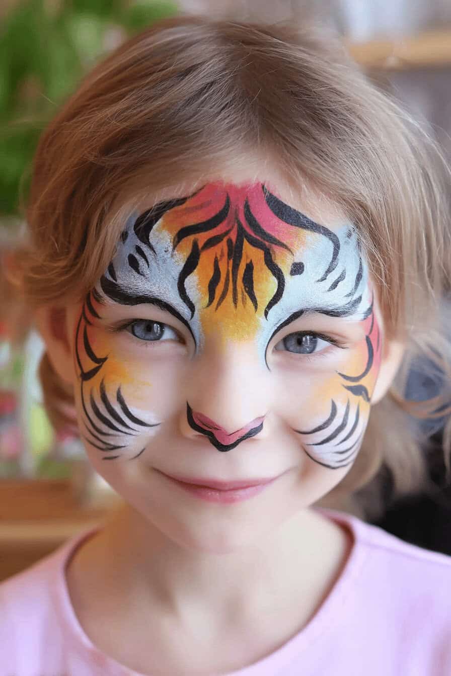 Mädchen mit einem bunt geschminkten Tiger-Gesicht.