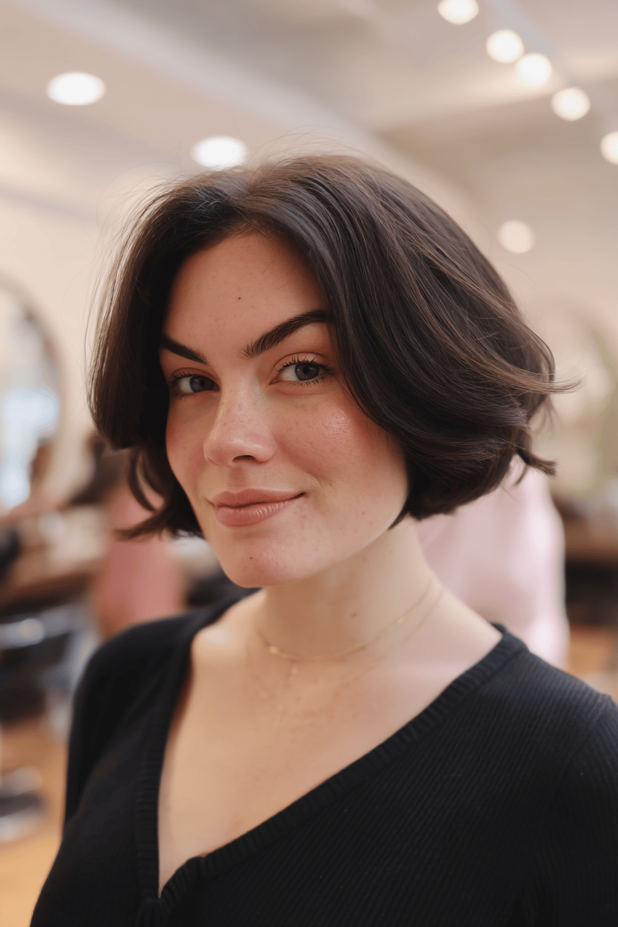 Frau mit kinnlangem Bob im modernen Friseursalon.
