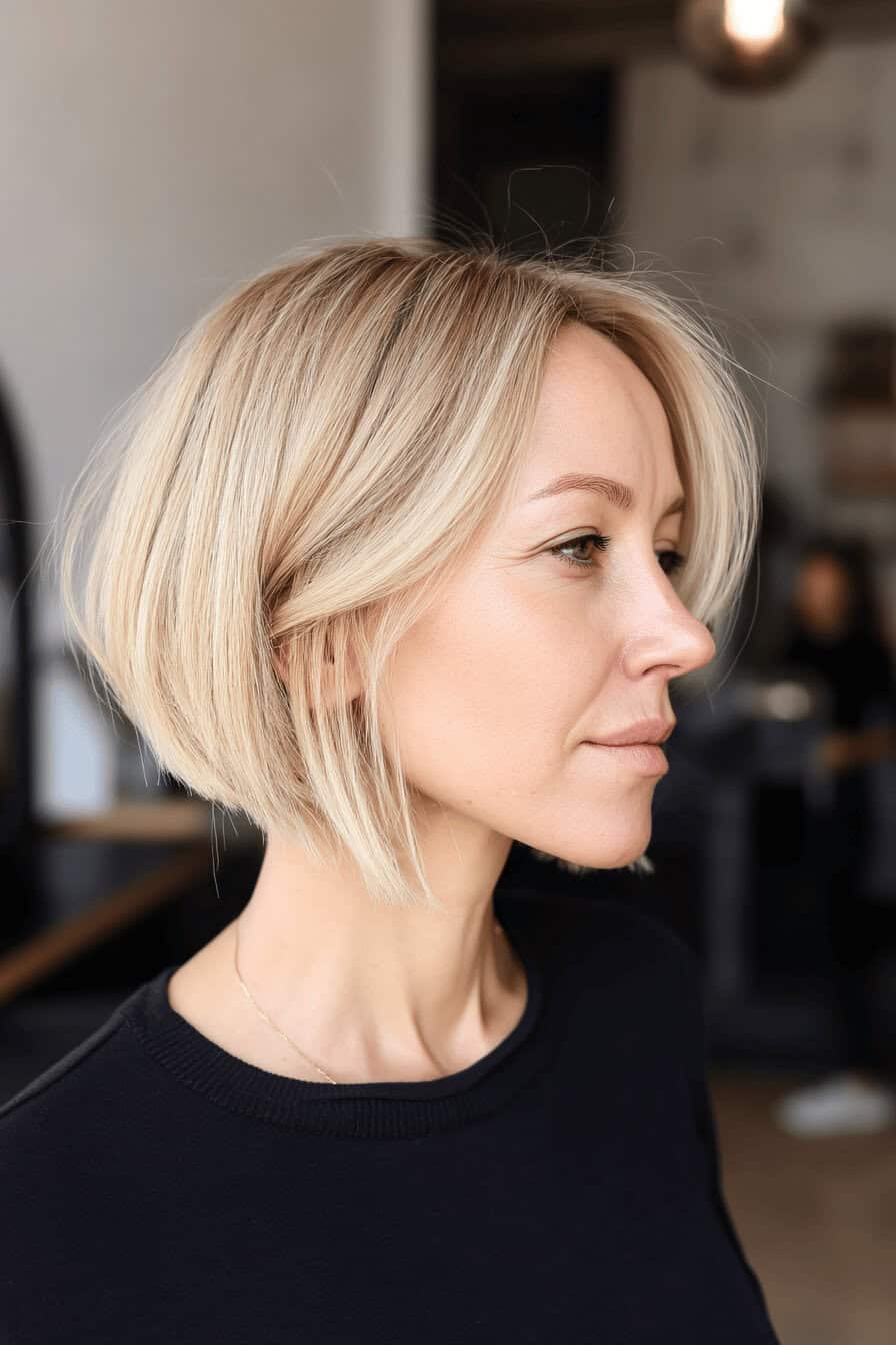 Eine Frau mit einem kinnlangen, blonden Bob-Haarschnitt in einem modernen Innenraum.