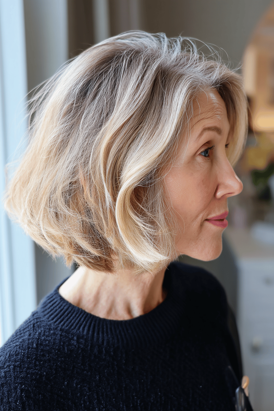 Seitliches Profil einer Frau mit kinnlangem, gewellten Bob und blonden Haaren.