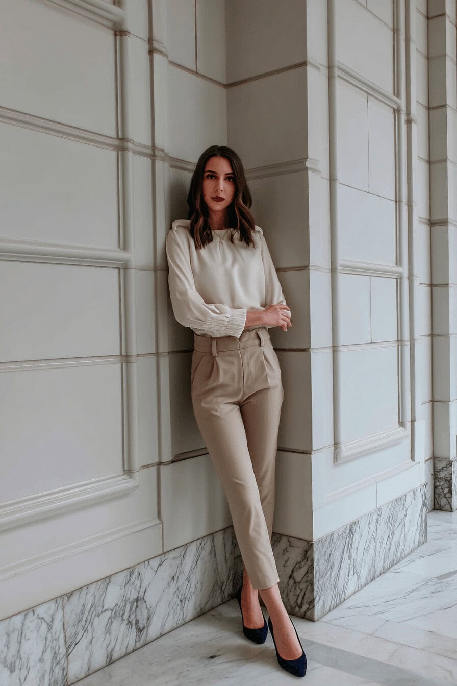 Frau in eleganter Bluse und Hose mit klassischen Pumps.