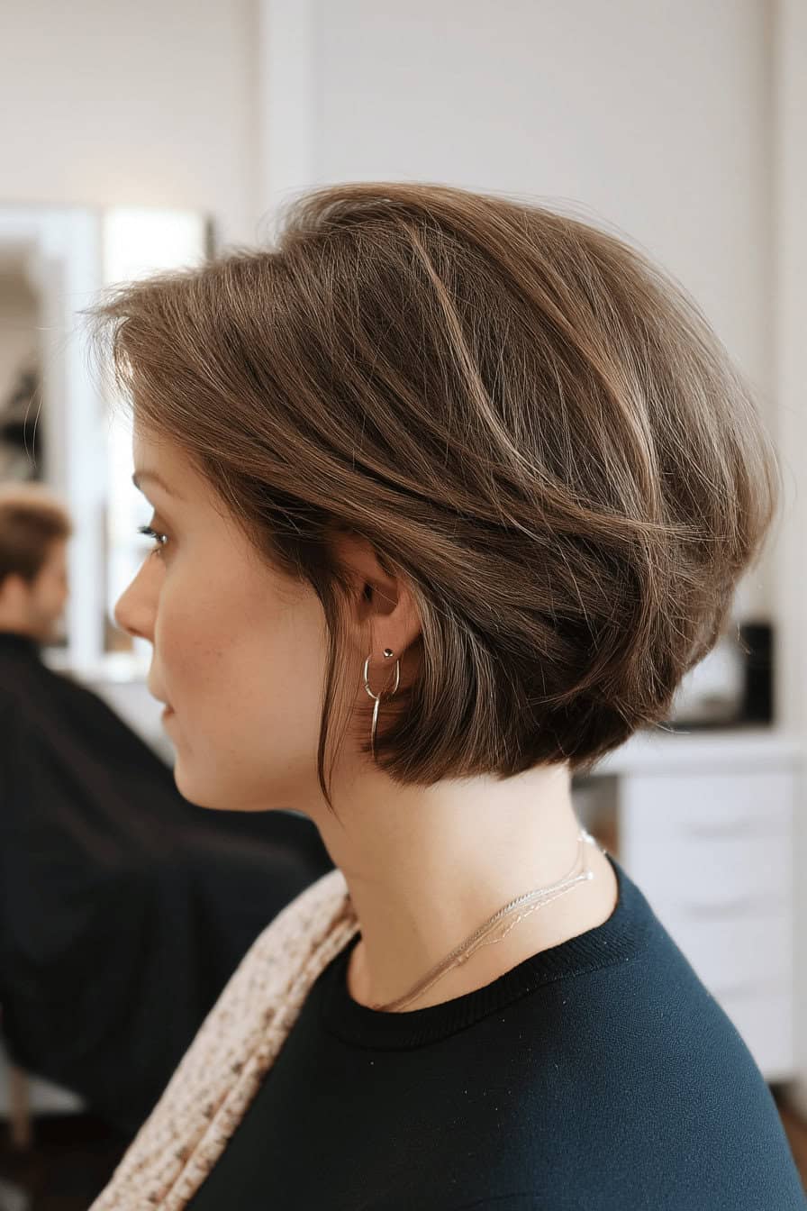 Seitenansicht einer Frau mit einem elegant gestylten Bob-Haarschnitt.