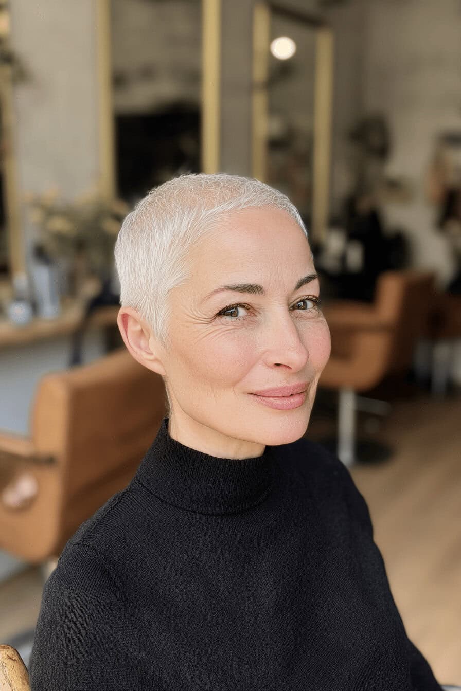 Porträt einer lächelnden Frau mit kurzem, grauem Buzz Cut, in einem modernen Friseursalon.