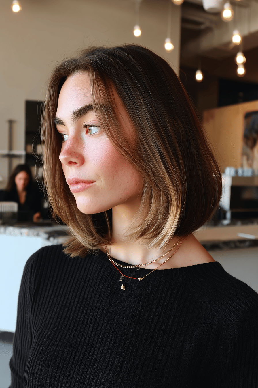 Frau mit klassischem Long Bob in einem modernen Salon.