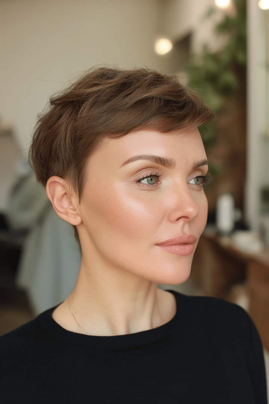 Eine Frau mit einem klassischen Pixie-Haarschnitt in einem Salon.