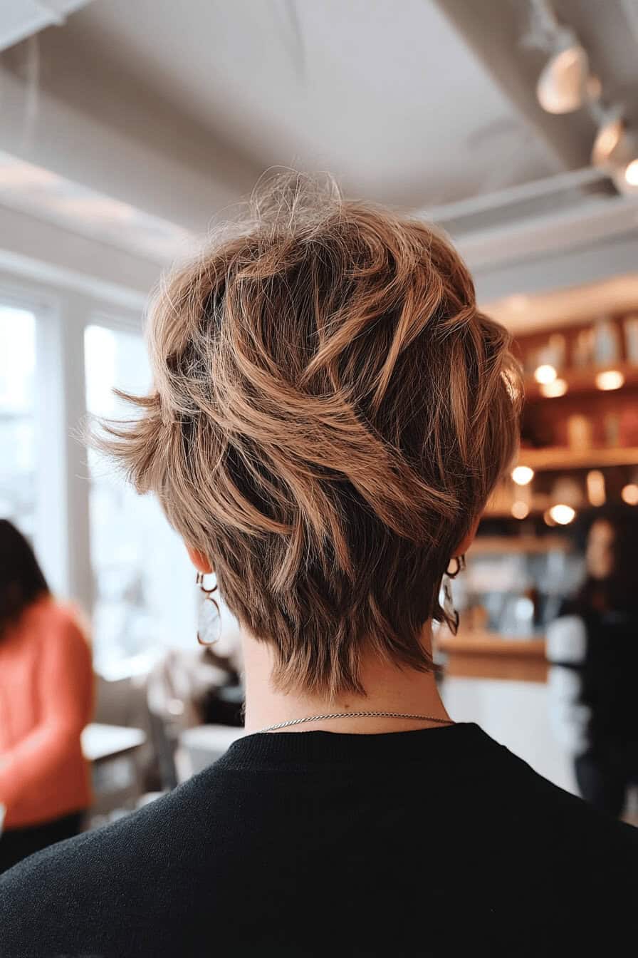 Rückansicht eines klassischen Shag-Haarschnitts in einem modernen Salon.