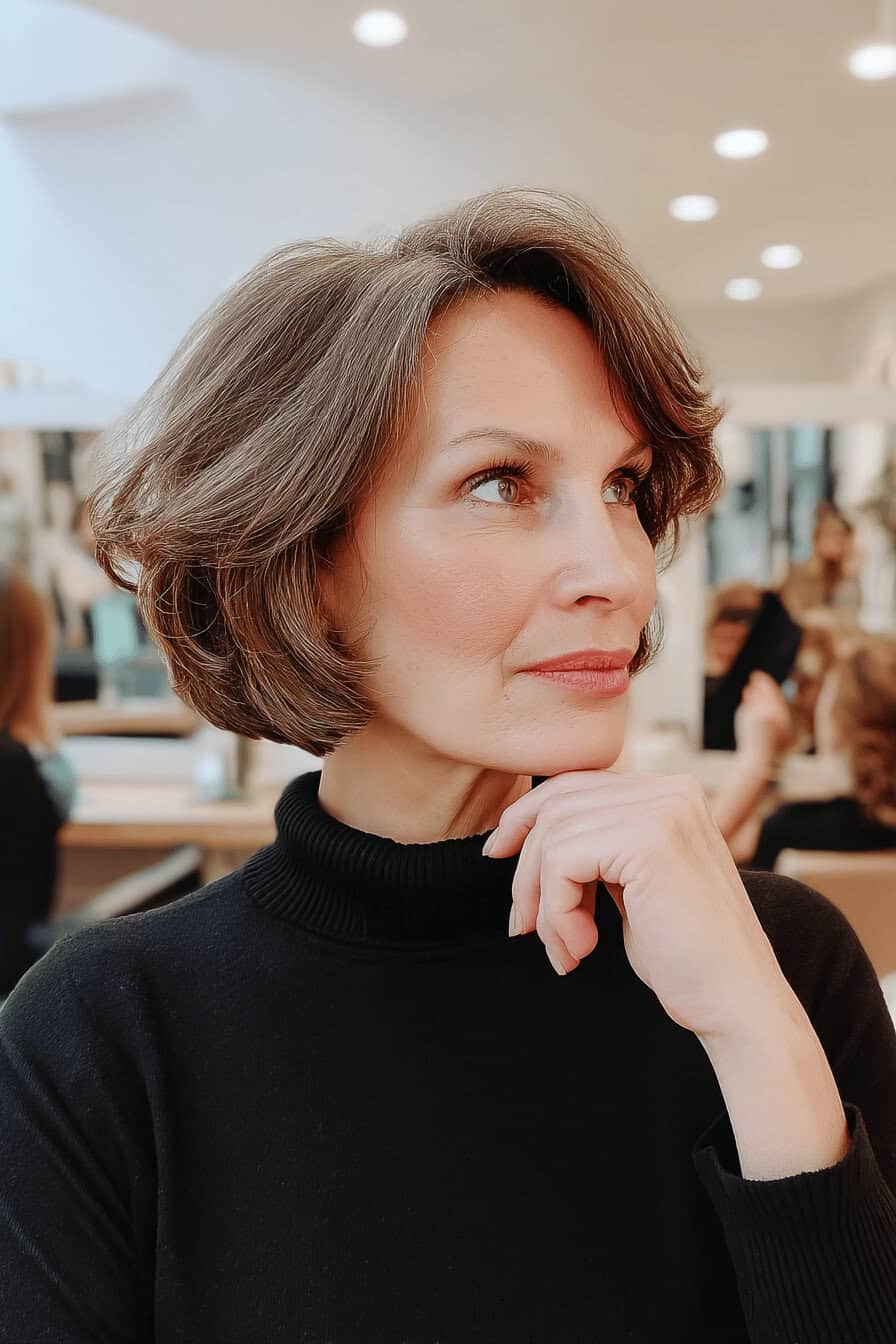 Frau mit kinnlangem Bob und stylischem Haarschnitt im Friseursalon.