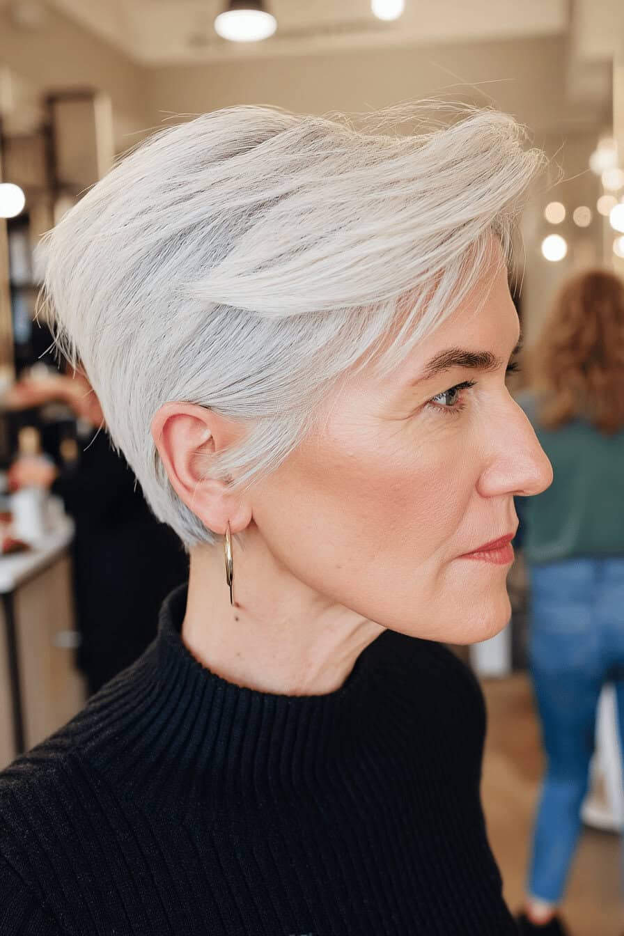 Seitenansicht einer Frau mit kurzen grauen Haaren und modernem Pony.