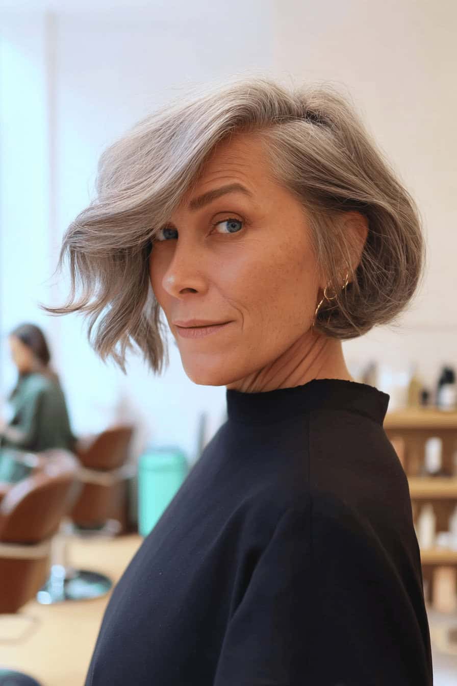 Frau mit welligem, kurzem, grauem Haar in einem Friseursalon.