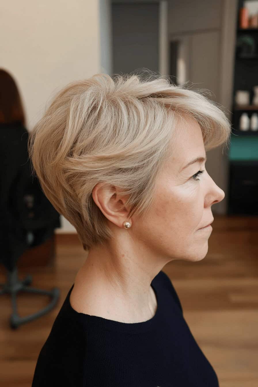 Seitenansicht einer Frau mit kurzem, blondem Haar und gefiederten Stufen.