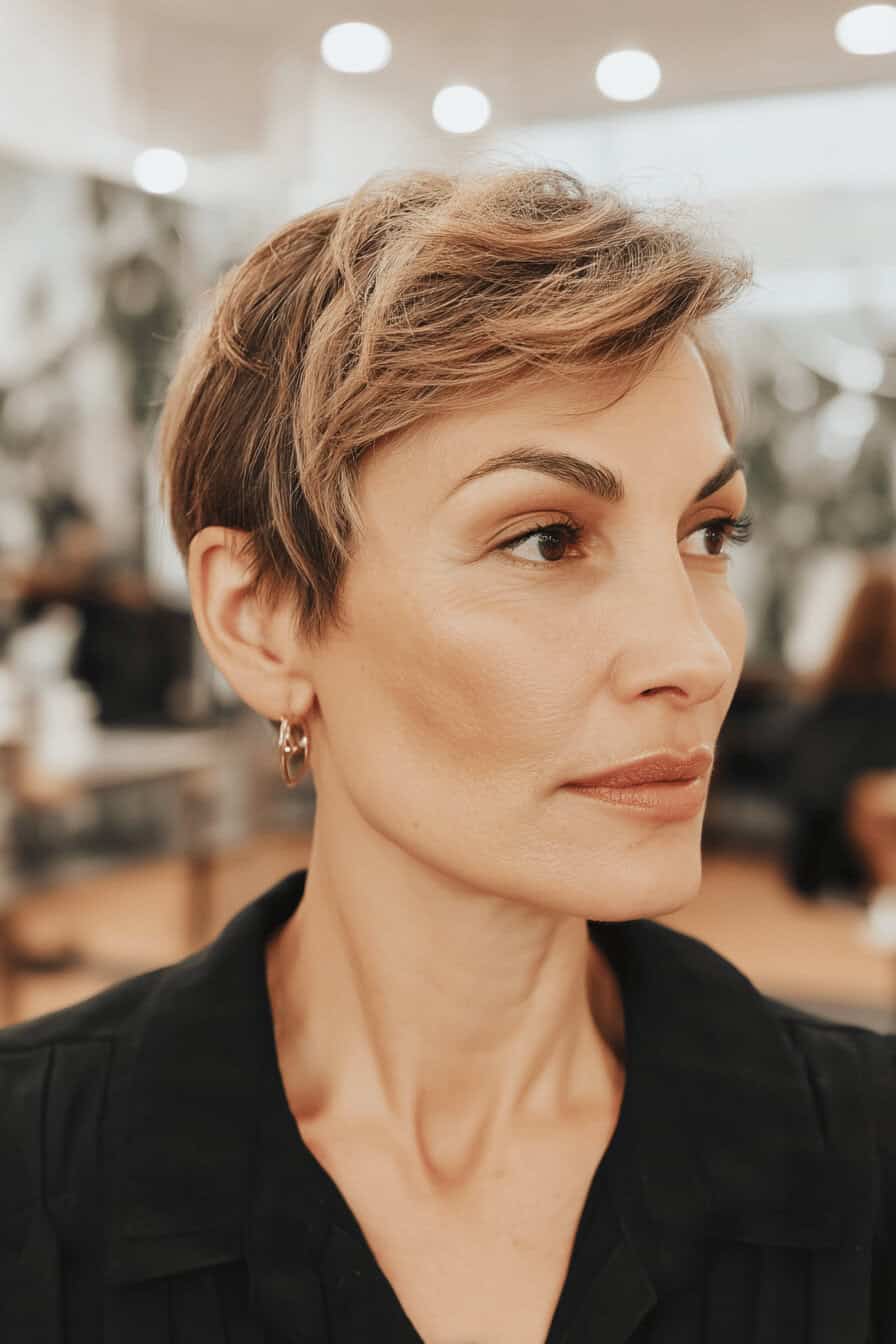 Frau mit kurzem, texturiertem Haarschnitt und glänzendem Finish.
