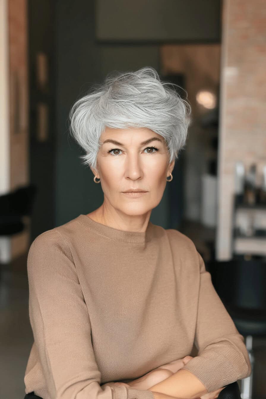 Eine Frau mit kurzen, grauen Haaren und modernem Look.