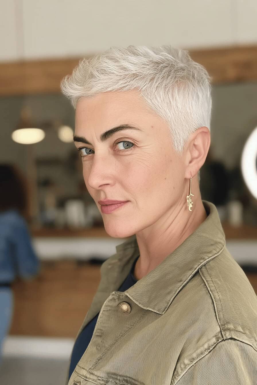 Frau mit kurzen, grauen Haaren im Soft Mohawk Stil.