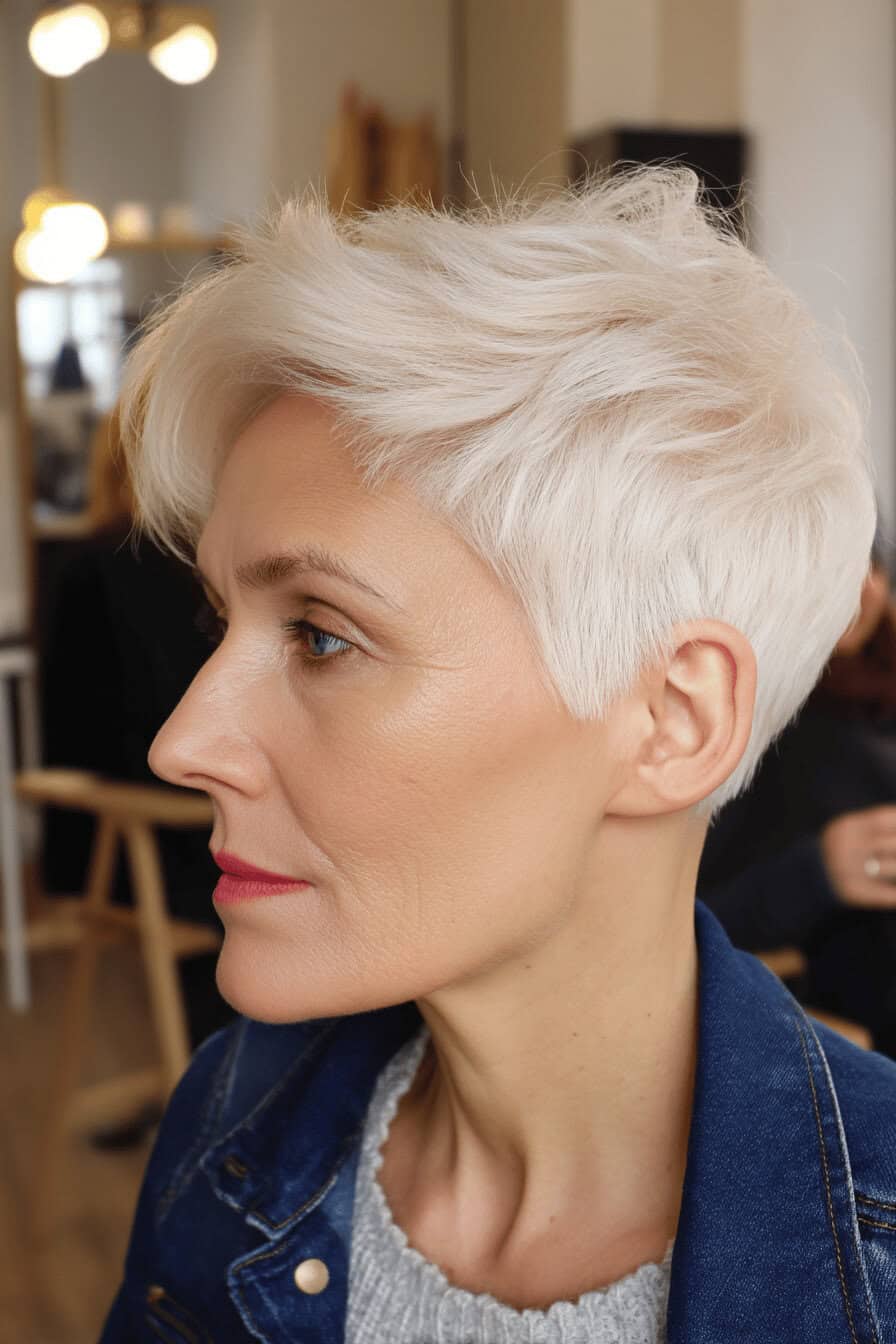 Frau mit kurzem, grauem Undercut-Haarschnitt.