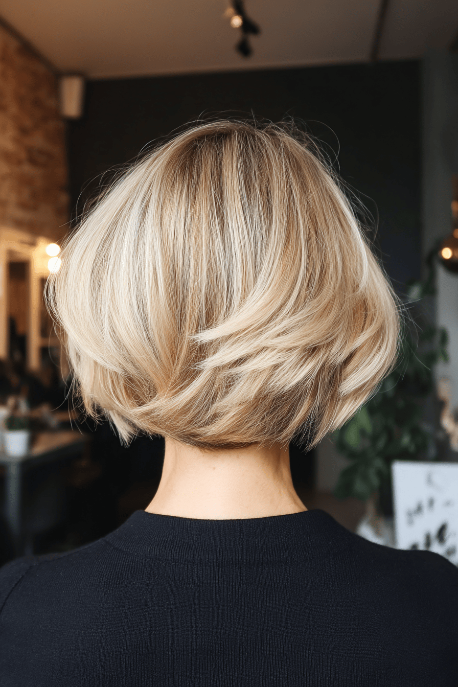 Eine kurz geschnittene, blonde Bob-Frisur mit sanften Stufen.