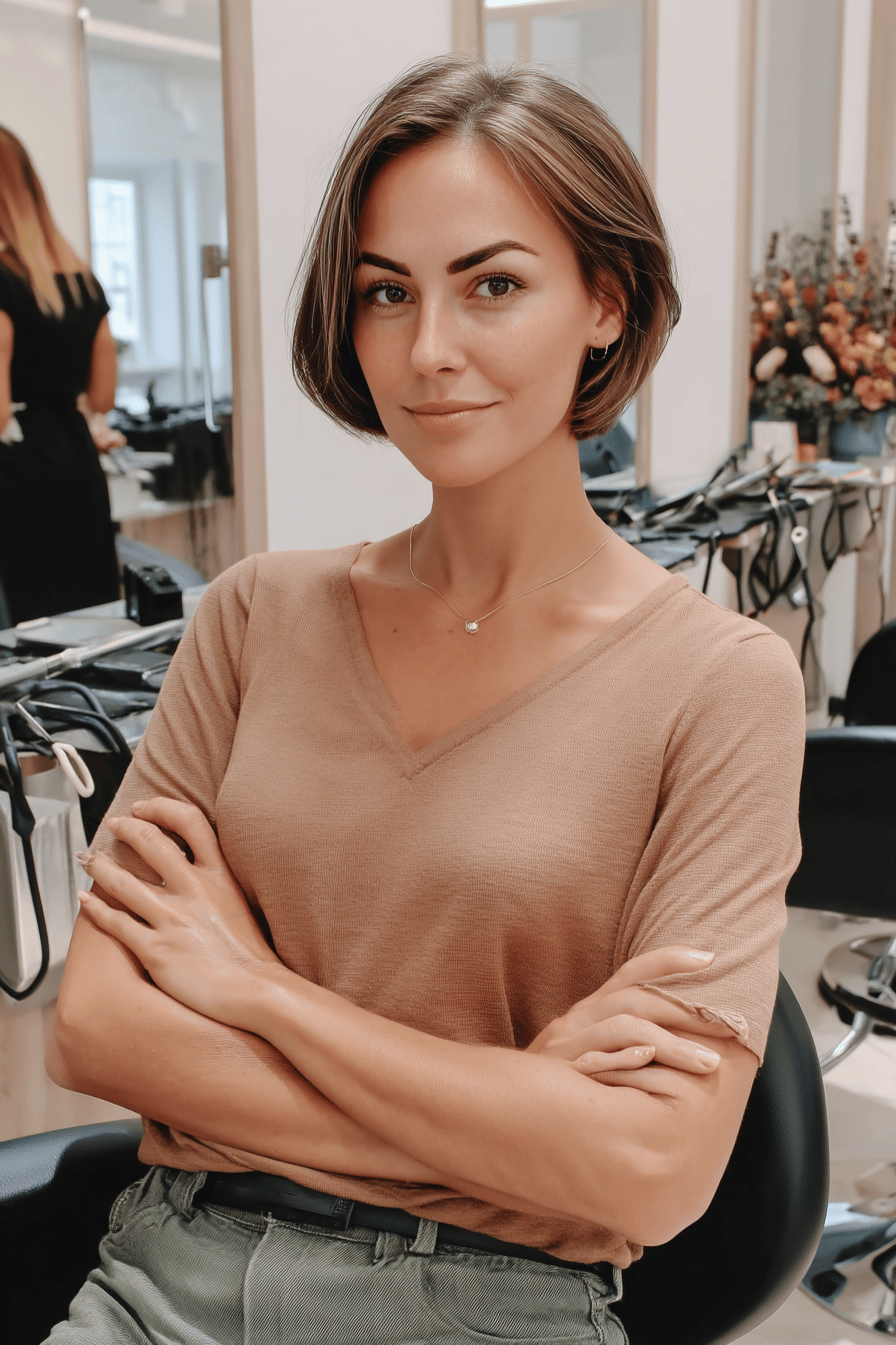 Frau mit kurzem Bob-Haarschnitt sitzt im Friseursalon.