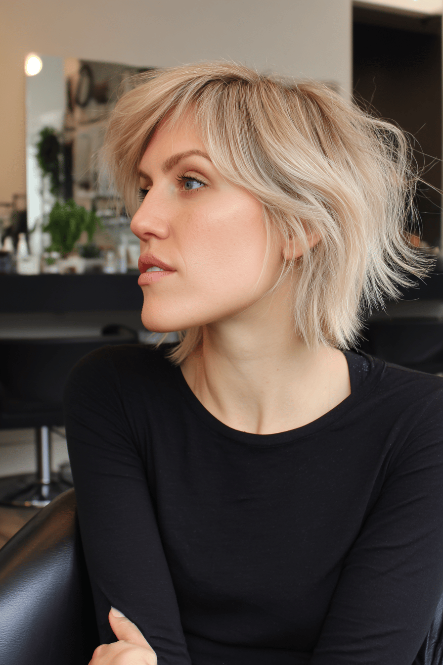Seitenprofil einer Person mit kurzem, zerzaustem blonden Bob im Friseursalon.
