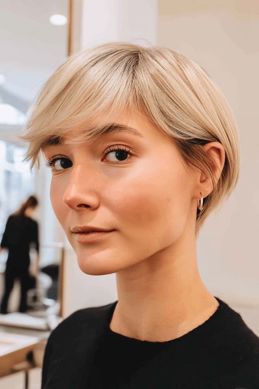 Frau mit einem eleganten, ultrakurzen blonden Bob in einem modernen Friseursalon.