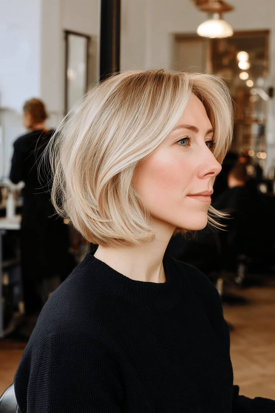 Eine Frau mit einem kurzen, blonden Bob, seitlich fotografiert in einem Salon.
