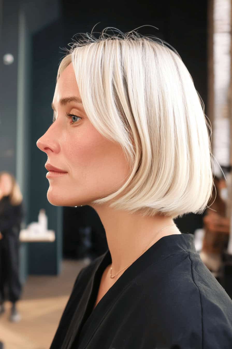 Profilansicht einer Frau mit kurzem, blondem Bob.