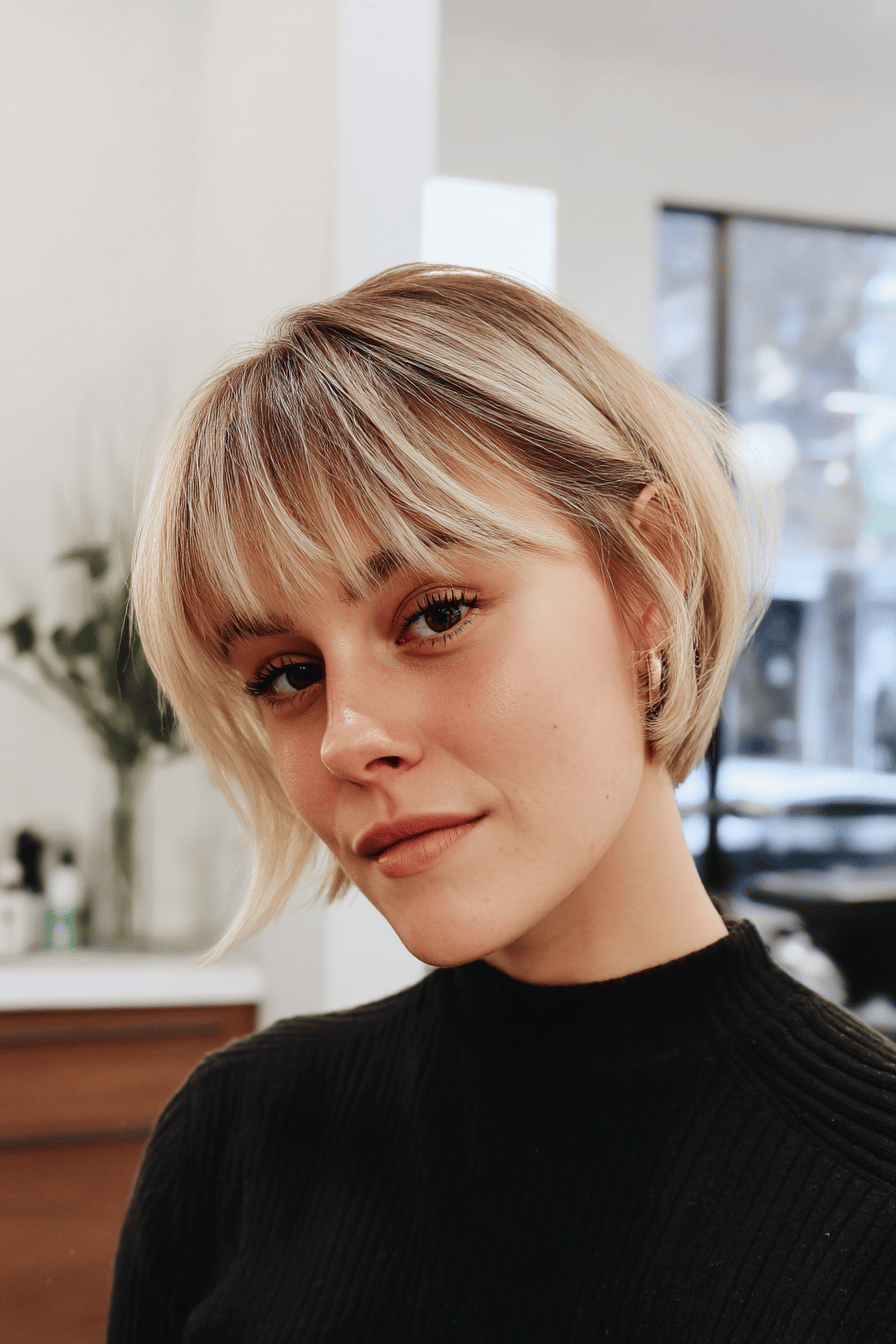 Frau mit kurzem, blondem Bob und Pony in einem modernen Salon.