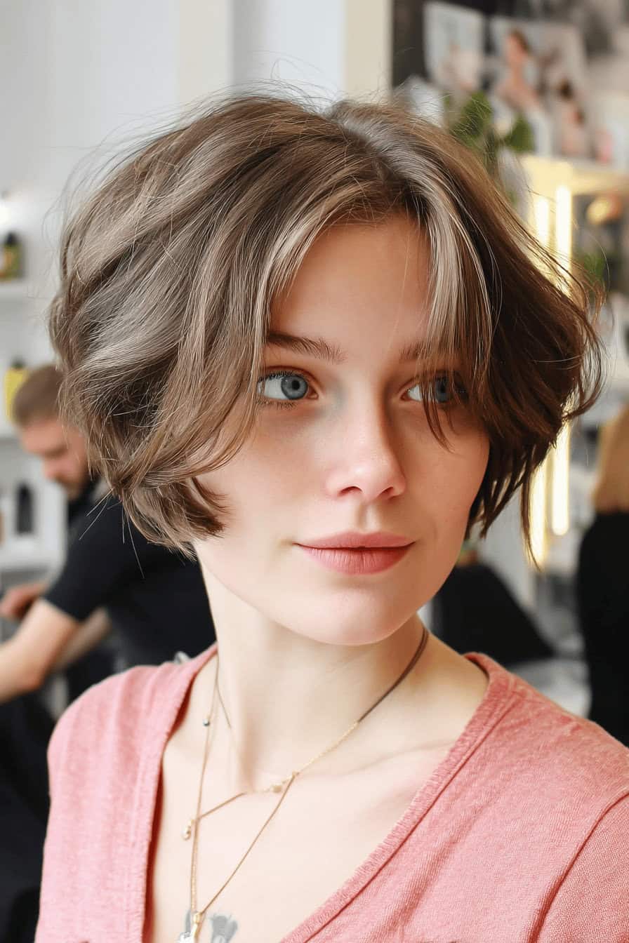 Frau mit kurzem, fransigen Bob, die in einem Friseursalon sitzt.