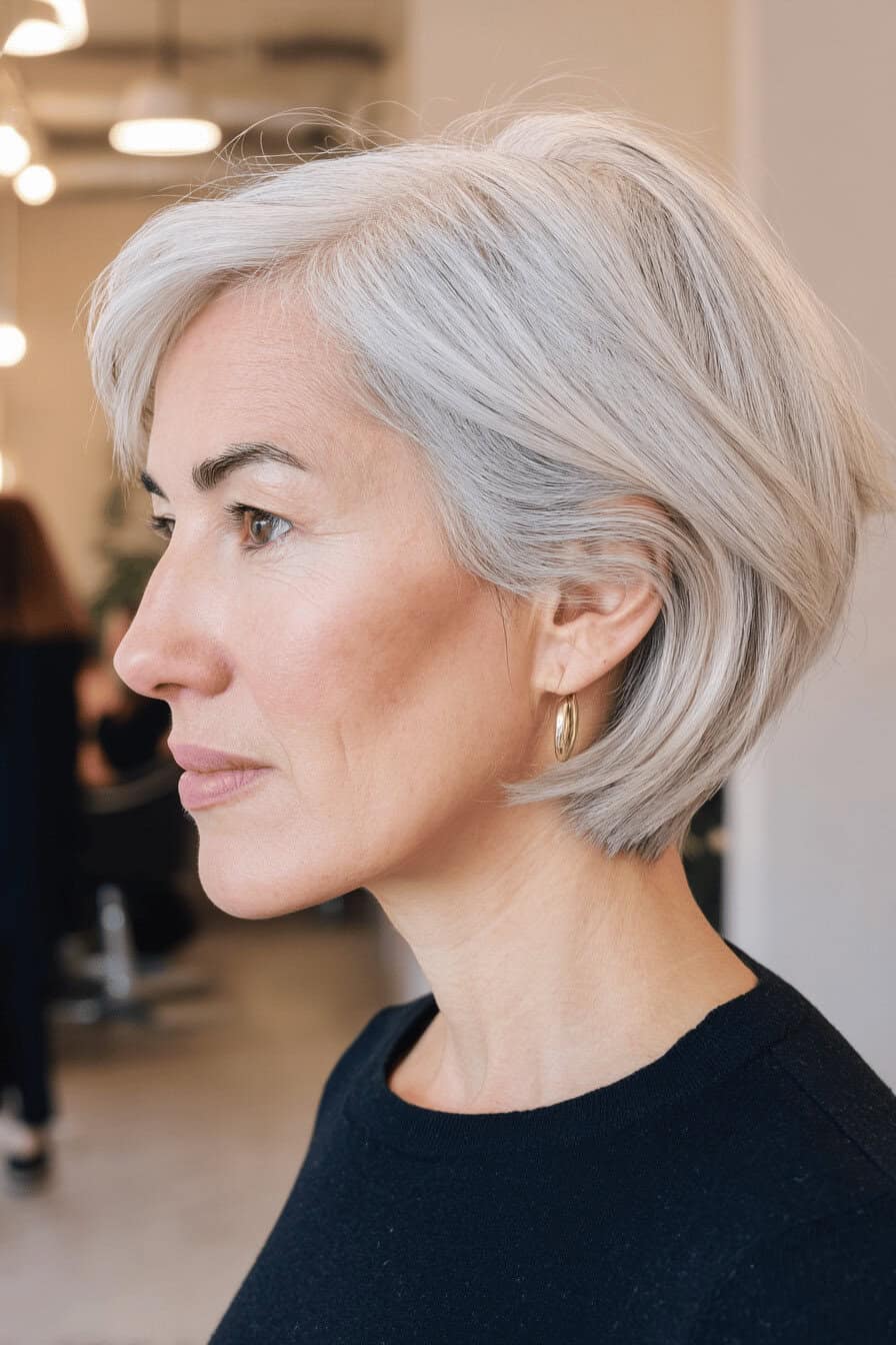Frau mit kurzem grauen Bob im Profil.