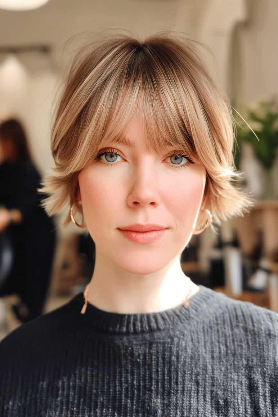 Frau mit kurzem Shaggy Haarschnitt und Pony.