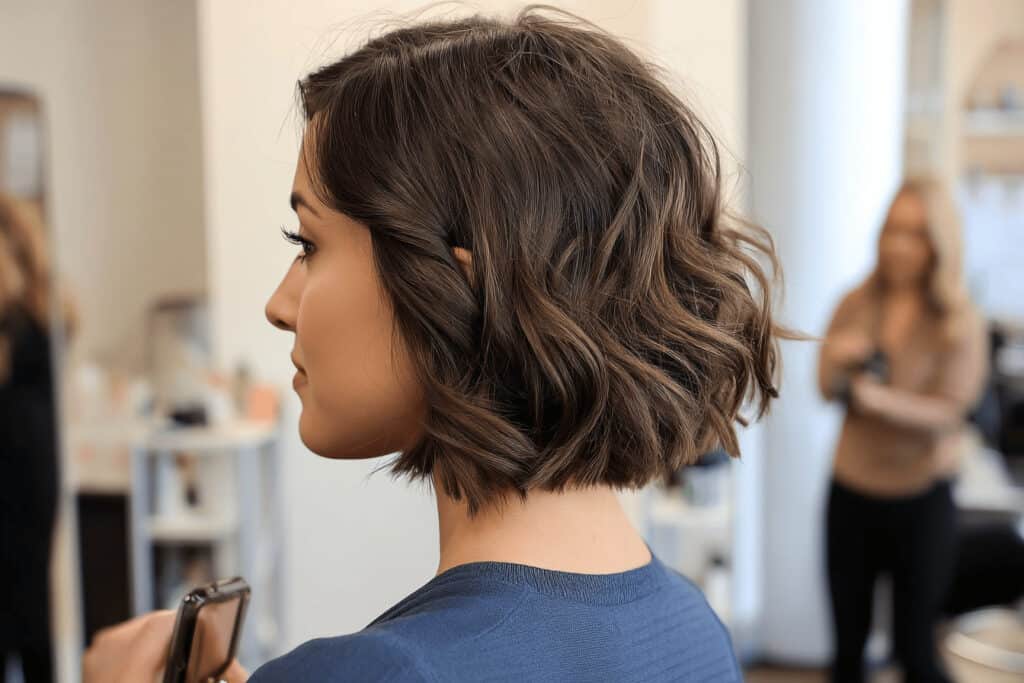 Seitenprofil einer Frau mit kurzem, welligem Haar