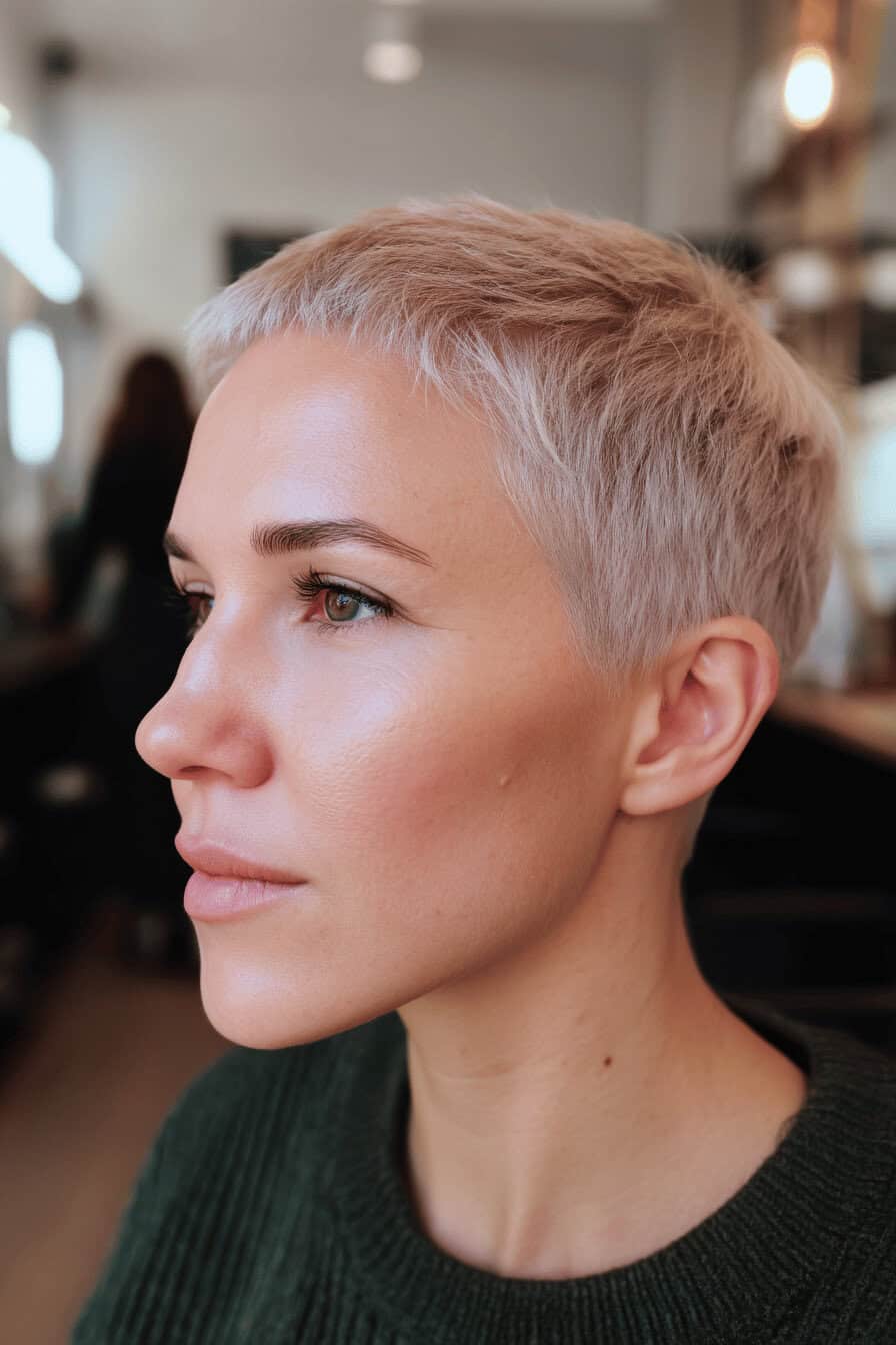 Frau mit kurz geschnittenem, platinblondem Haar im Seitenprofil.