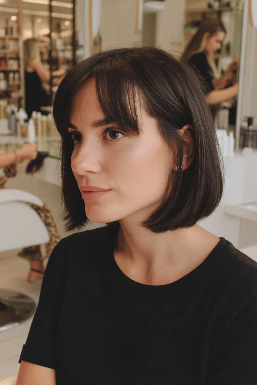 Frau mit glattem Bob-Haarschnitt im Friseursalon.