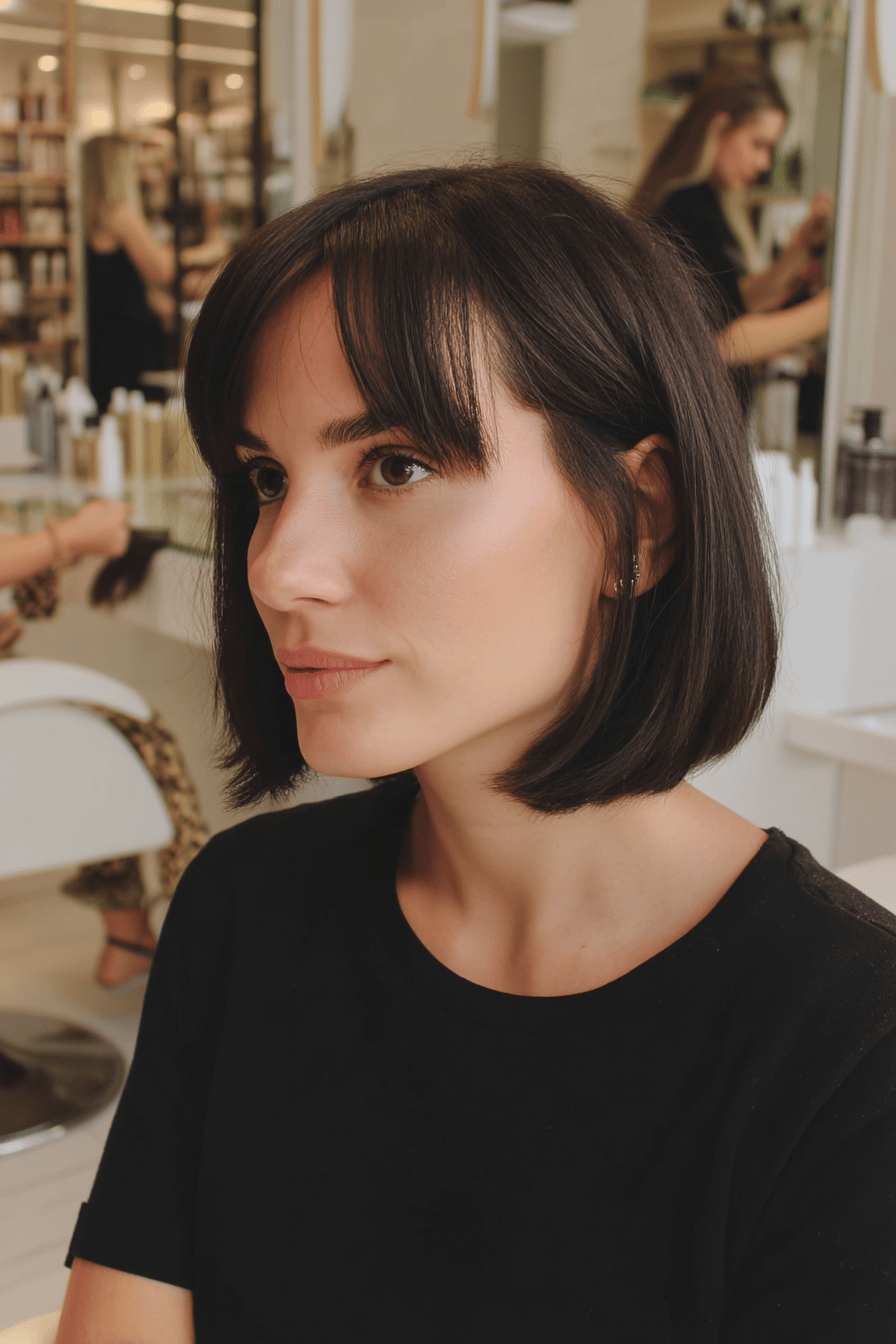 Frau mit glattem Bob-Haarschnitt im Friseursalon.