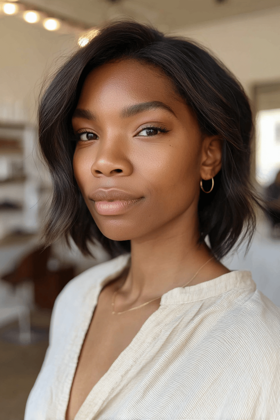 Nahaufnahme einer Frau, die eine stilvolle Lace Front Wig trägt.
