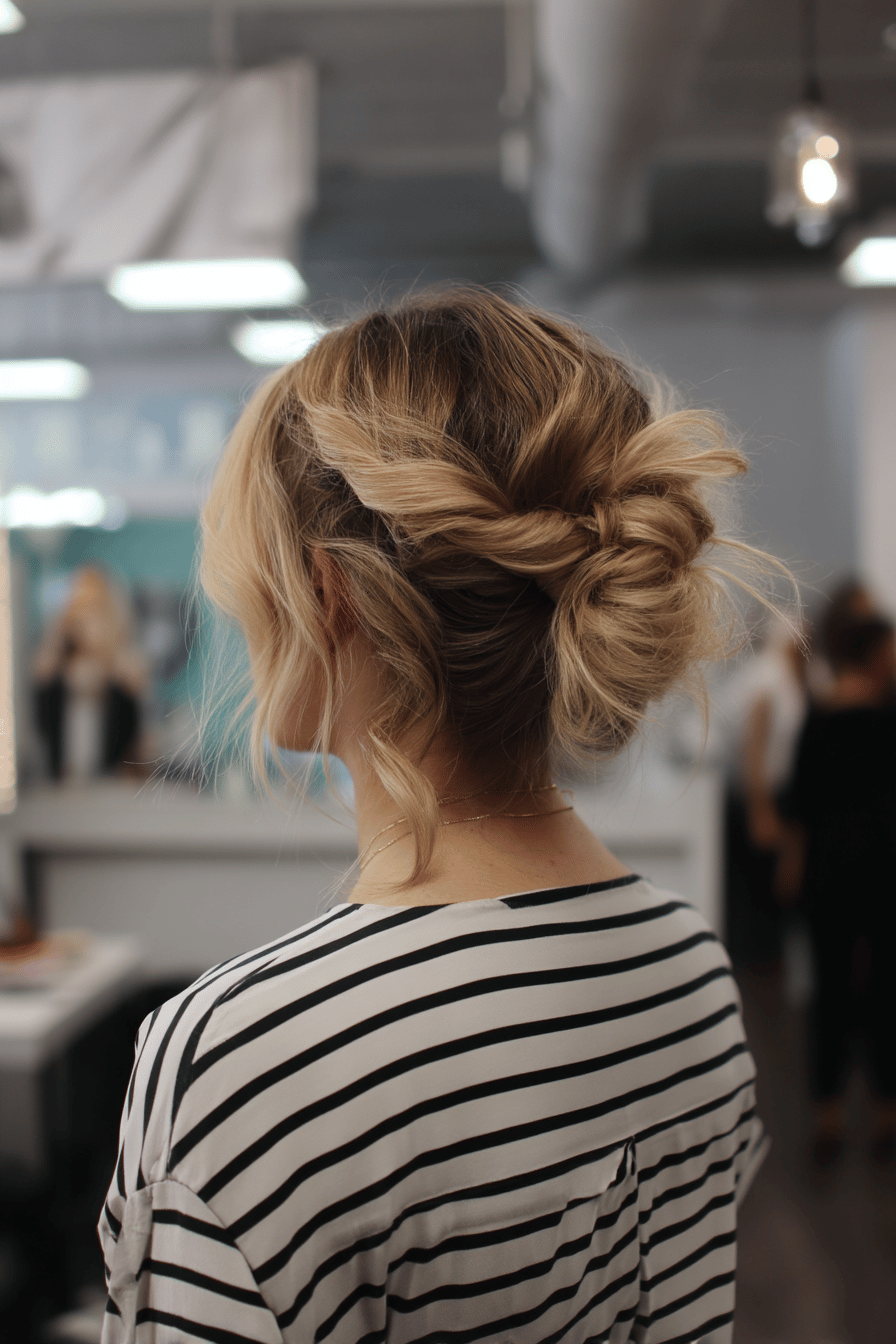 Junge Frau mit elegantem, lockerem Dutt und einem Pony, im Friseursalon.