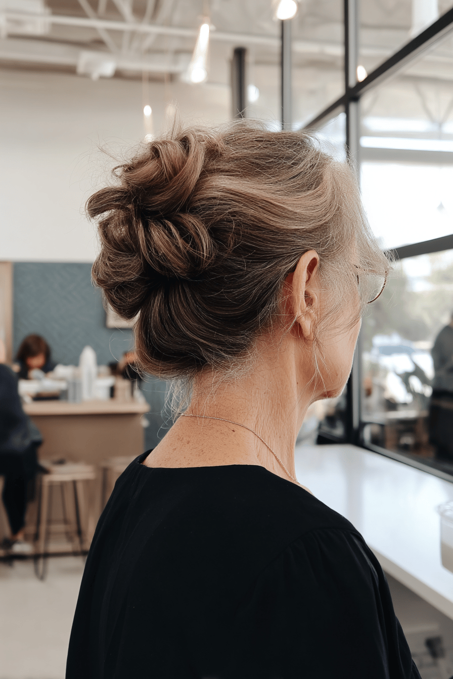 Seitliche Ansicht eines lässigen Dutts bei einer Frau mit grauen Haaren.