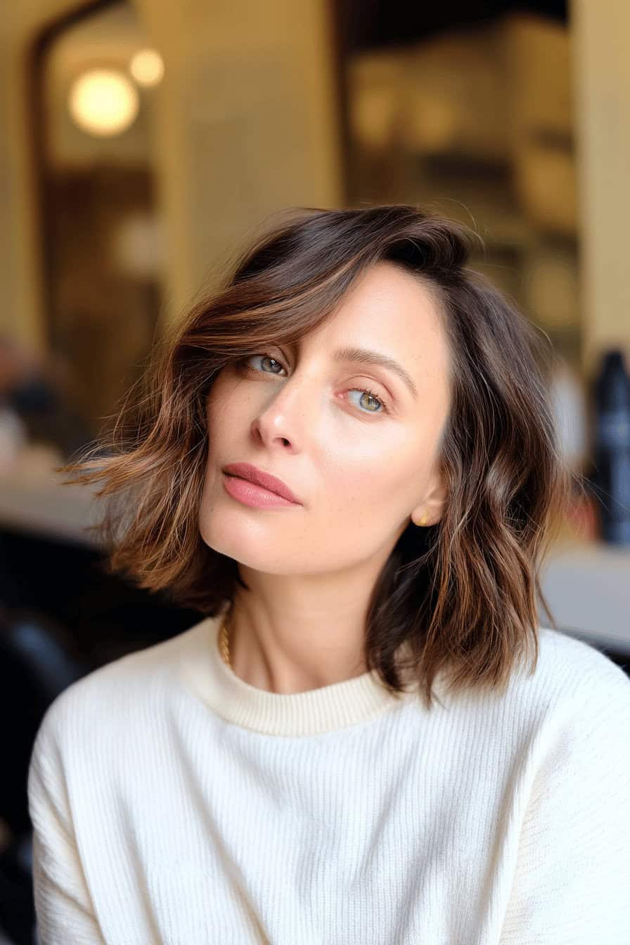 Frau mit schulterlangen braunen Haaren und elegantem langen Bob.